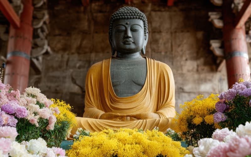 gran buda rodeado de ofrendas de flores en el todai-ji de japon