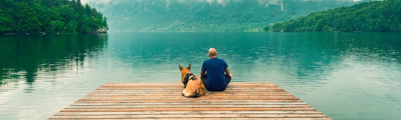 Un hombre con su perro mirando a un lago